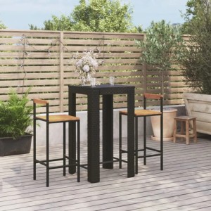 vidaXL Gartenbar-Set, 3-teilig, schwarz, Poly Rattan & Akazienholz. Bar-Tisch mit 2 Barstühlen für Garten oder Terrasse.