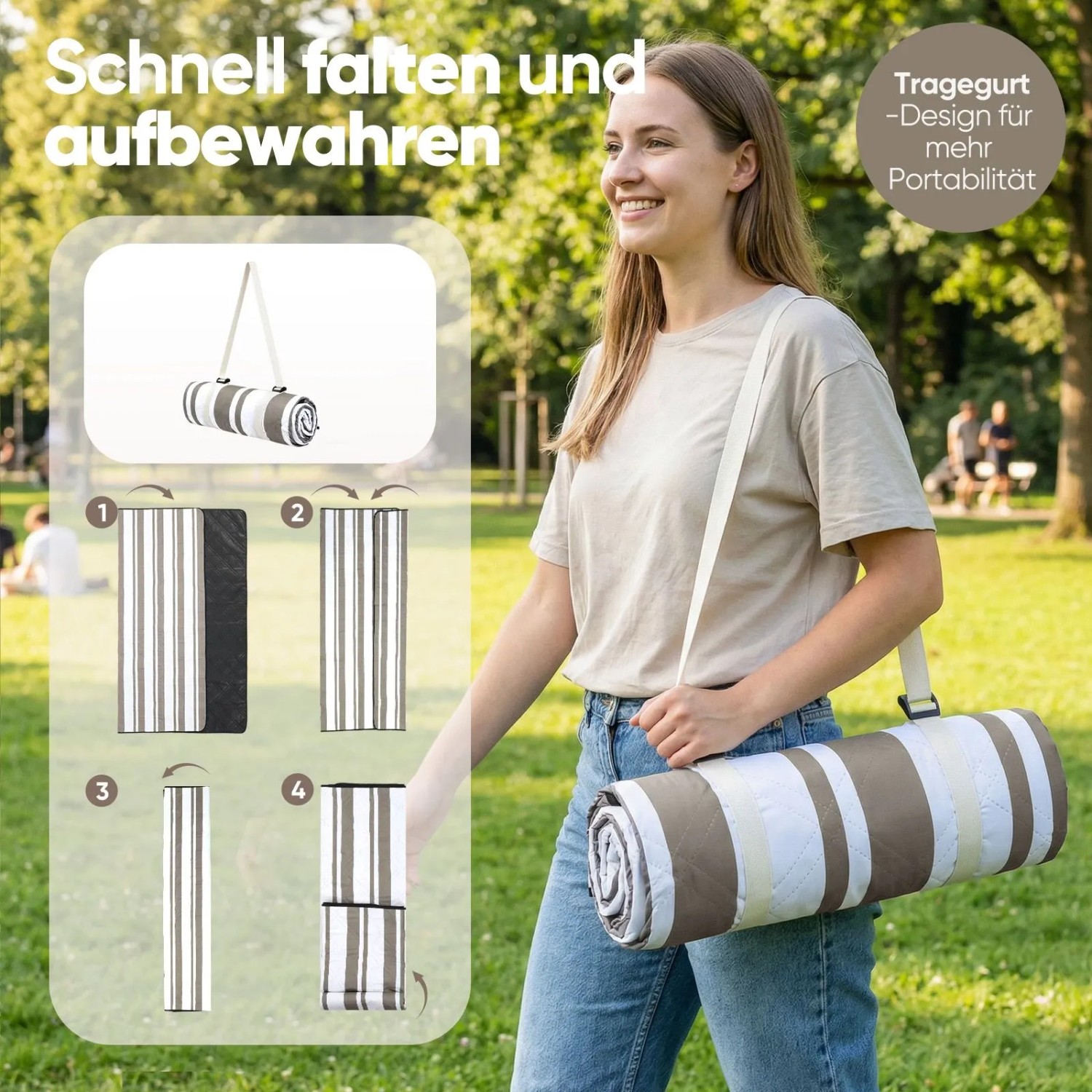Sekey Picknickdecke, braun gestreift, mit Tragegurt. Ideal für Camping und Strand.
