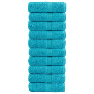 Stapel türkisfarbener vidaXL Premium Gästetücher, 10 Stück, 30x50 cm, aus 100% Baumwolle.