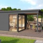 Carbongraues Lasita Gartenhaus Domeo 2 mit Schiebetüren und Terrasse.