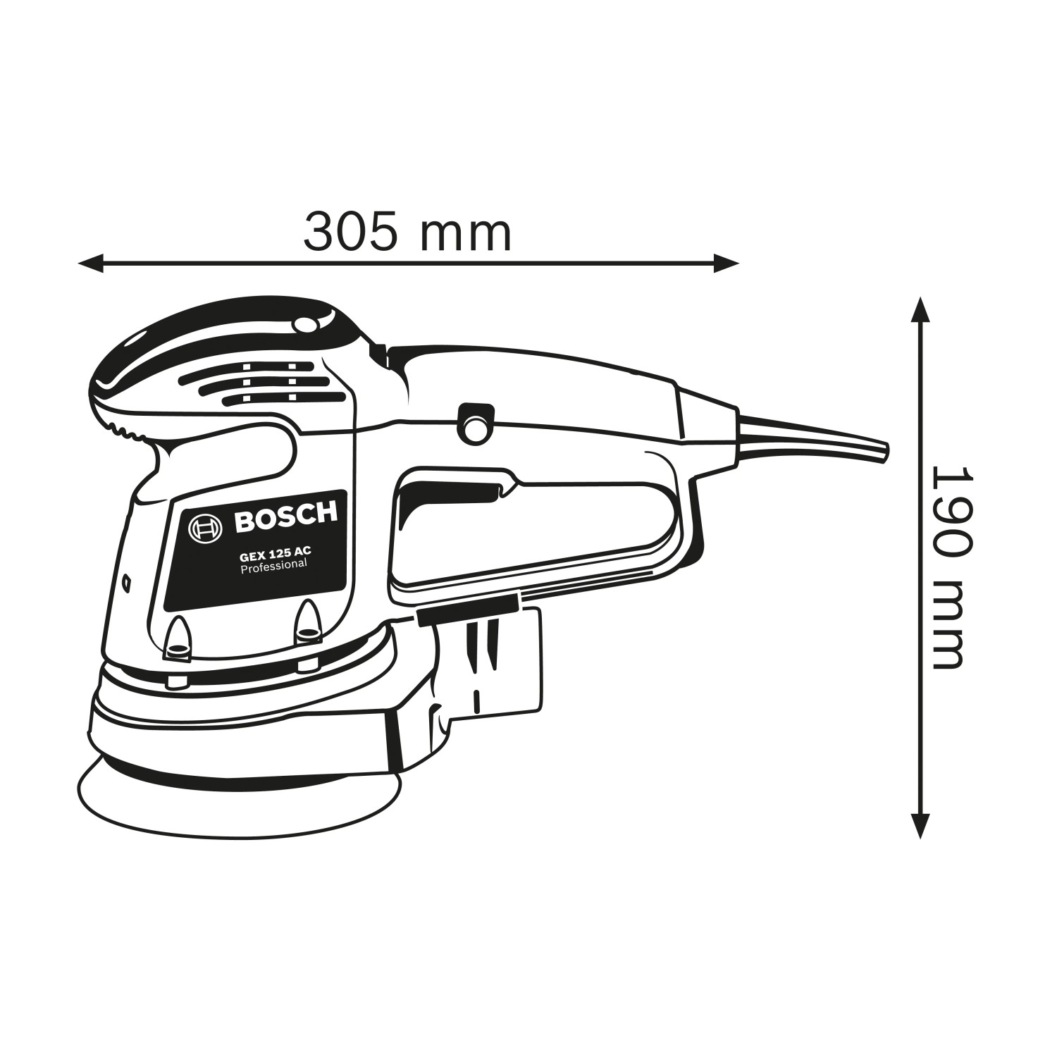 Skizze des Bosch Professional GEX 34-125 Exzenterschleifers mit Maßangaben (305x190mm).
