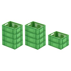 SparSet: 10 grüne Eurobehälter/Obstkisten (14,2x30x40cm, 13L) gestapelt. Ideal zur Aufbewahrung und Transport.