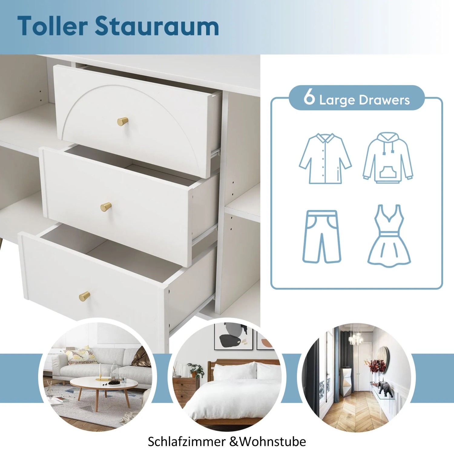 Creme-weiße Kommode mit 3 offenen Schubladen, eine geschwungen. Bietet Stauraum für Wohnzimmer & Schlafzimmer.