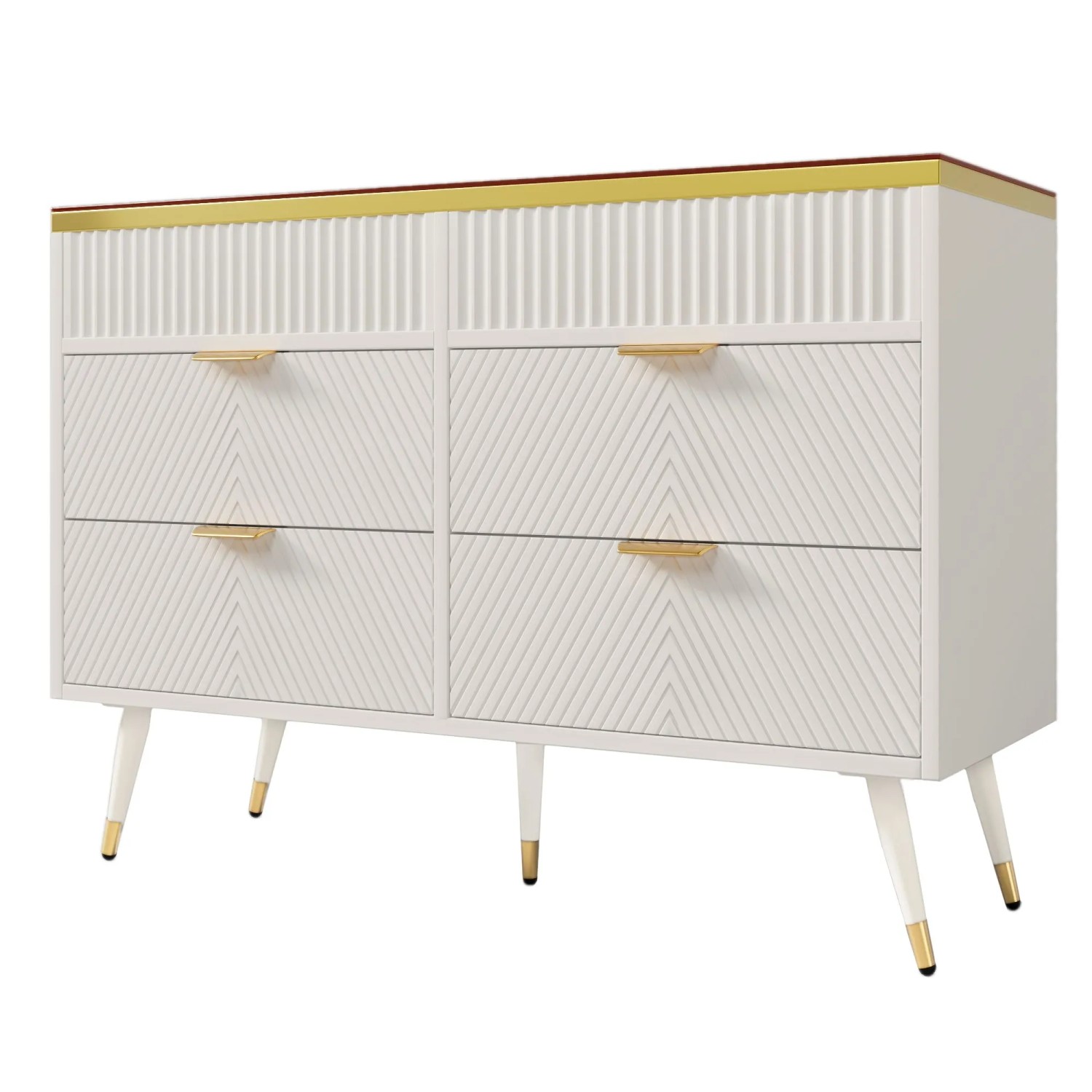 okwish Kommode mit Bernstein Glas 6 Schubladen Wohnraum 120x40x76cm Weiß