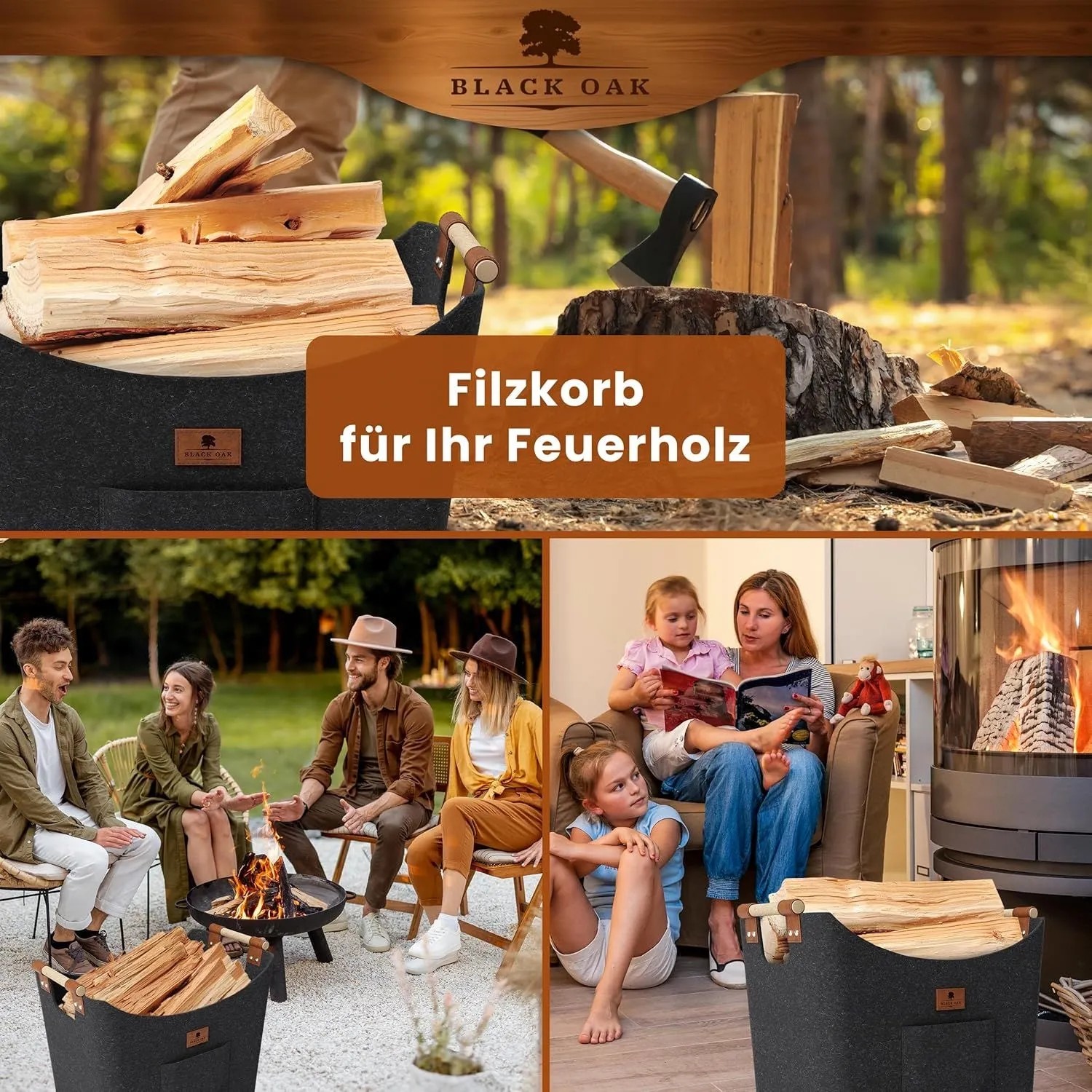 BLACK OAK Holzkorb MONTANA XL 60L Anthrazit aus Filz mit Echtleder Applikationen – Kaminholzkorb mit Griffen für Brennholz Innenbereich_7