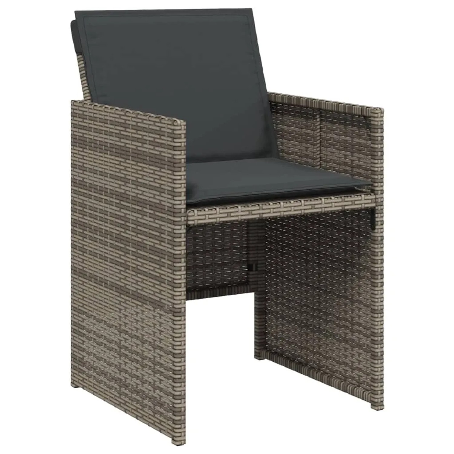 Gartenstuhl aus grauem Poly Rattan mit dunklen Kissen, Teil der 17-tlg. vidaXL Essgruppe.