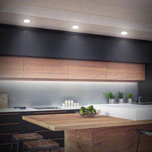 3er Set Briloner LED Einbaustrahler, neutralweißes Licht, flaches Design in Weiß, eingebaut in moderner Küche.