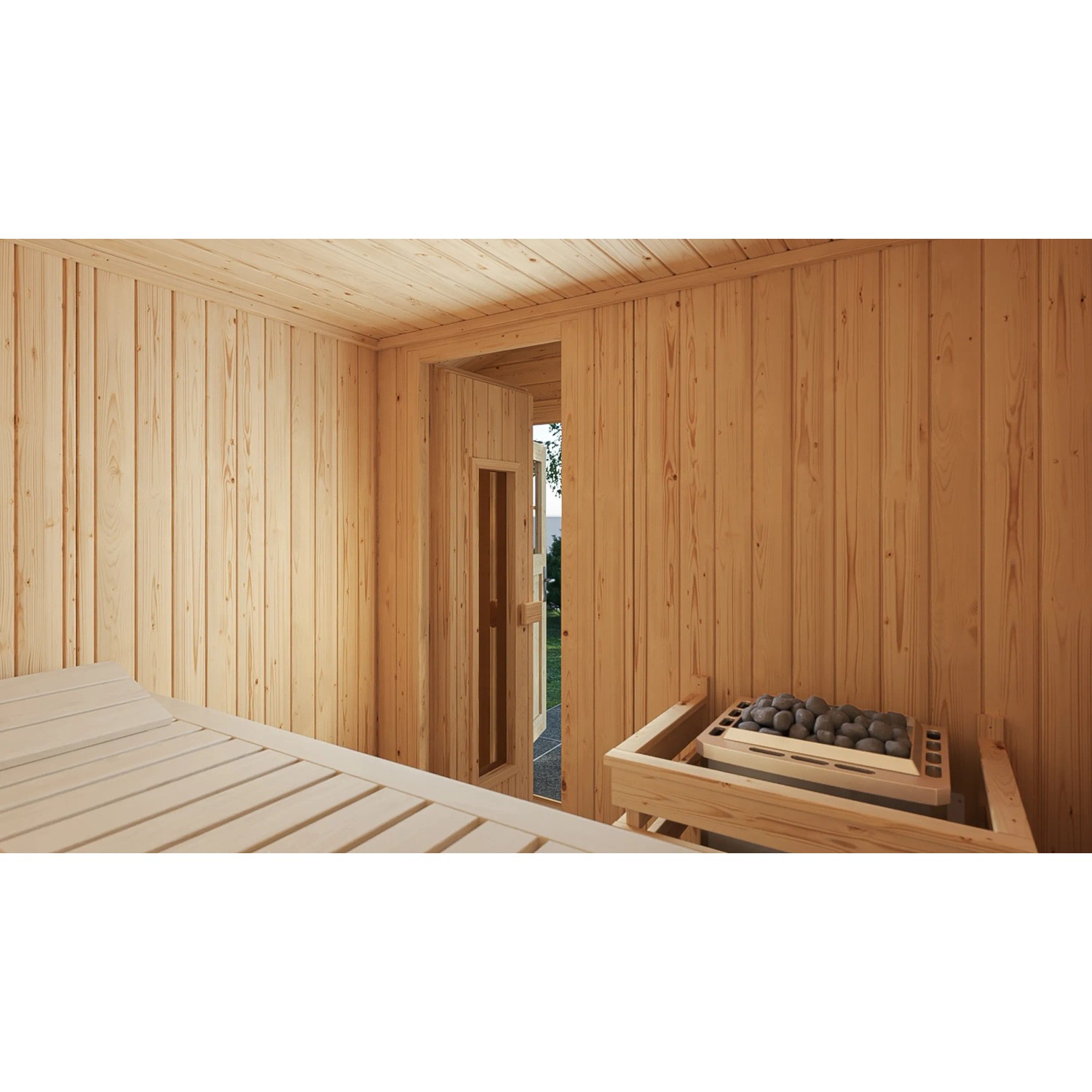 Innenansicht Weka Saunahaus Mikkeli mit Saunaofen und Liegeflächen aus hellem Holz.