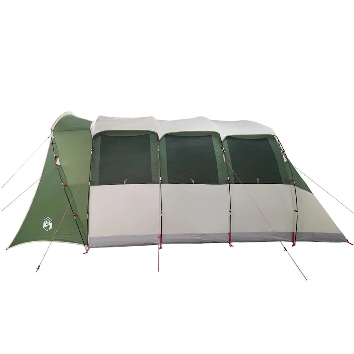 Grünes vidaXL Campingzelt aus Polyester mit mehreren Fenstern und Dach. Großes, zusammenklappbares Outdoor-Zelt für Familien.