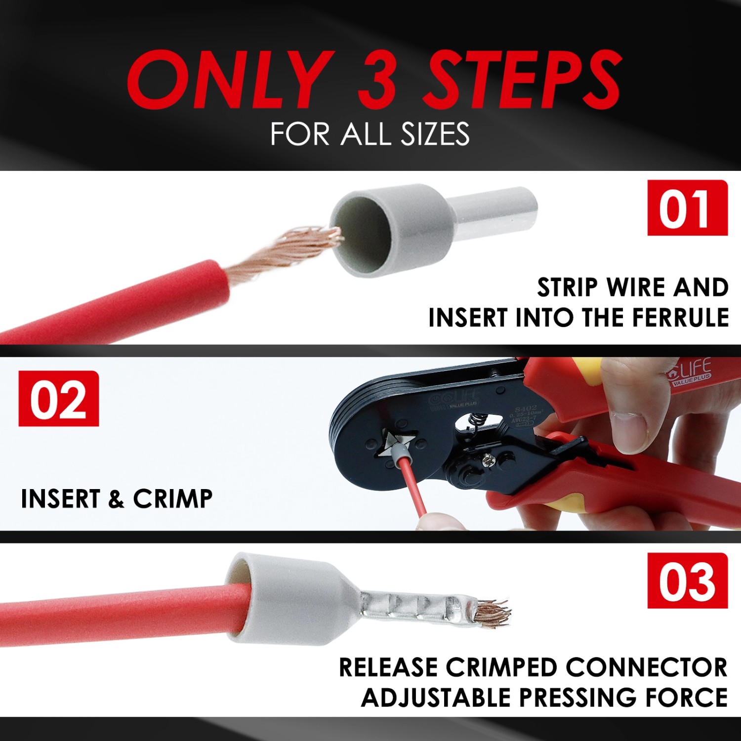 CCLIFE Crimpzange: Anleitung in 3 Schritten zum Verpressen von Aderendhülsen.