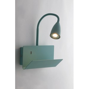 Grüne Wandleuchte mit flexiblem Arm, USB-Anschluss und Ablage. Luce Design Wandlampe.