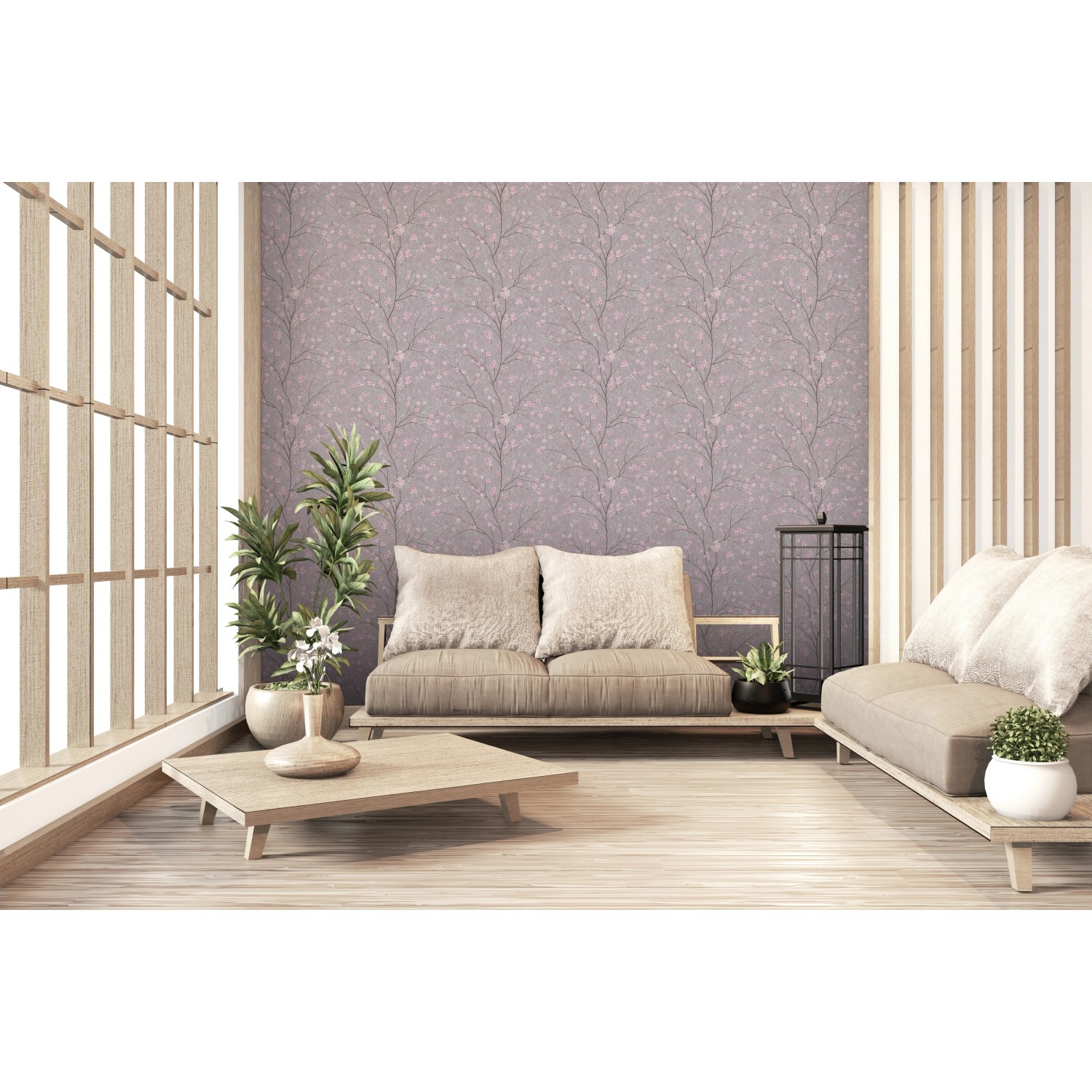 Wohnraum mit Vliestapete Kirschblüten in Taupe-Rosa von Metropolitan Stories II.