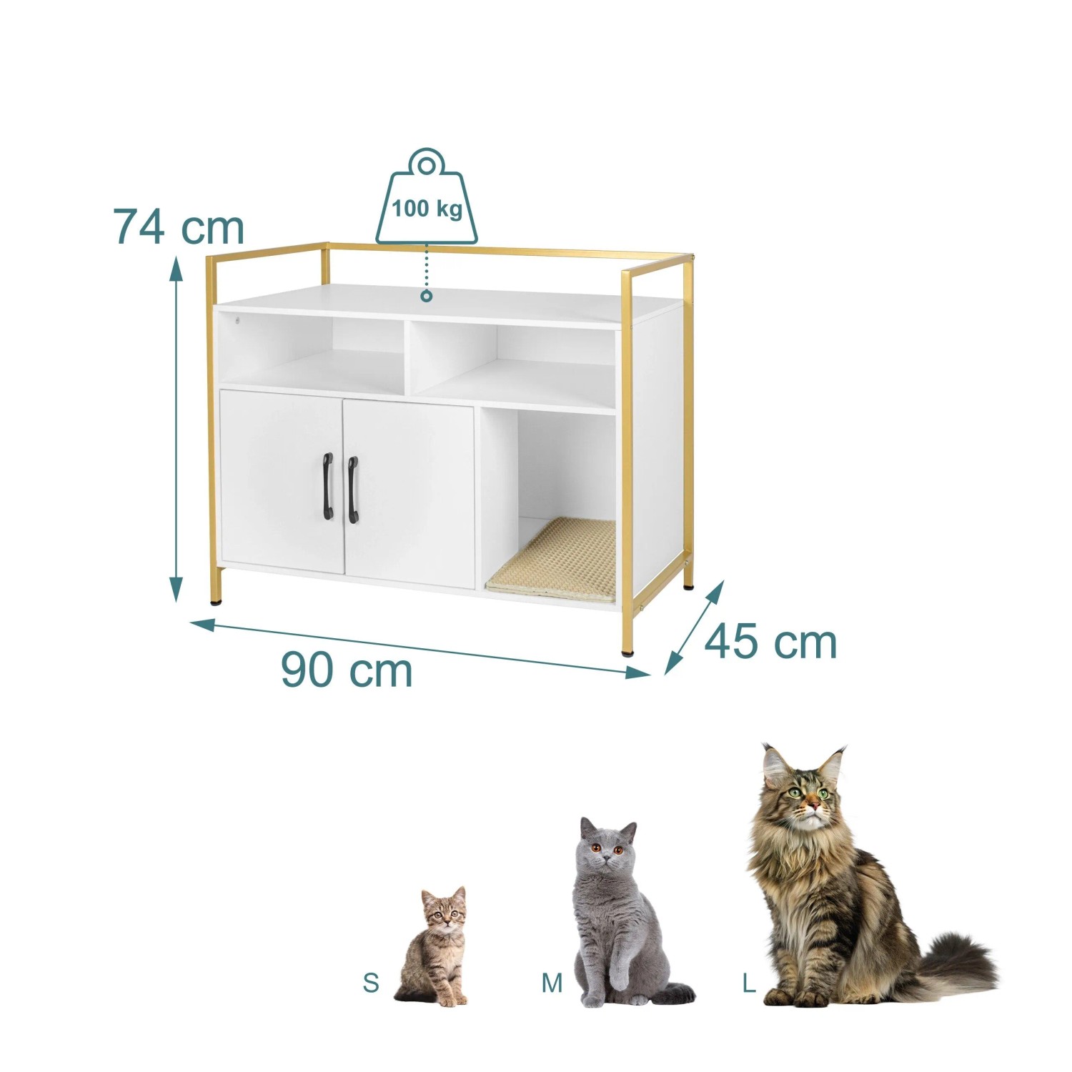 Relaxdays Katzenschrank Holzwerkstoff Stahl Weiß/Gold Mit 2 Türen 74 cm x 90 cm x 45 cm 20,6 kg_4