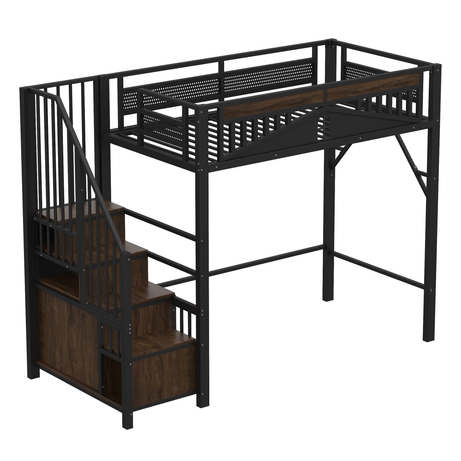 okwish Hochbett 90x200cm mit Sicherheitsfenster und Leiter Kinderzimmer Schwarz ohne Matratze