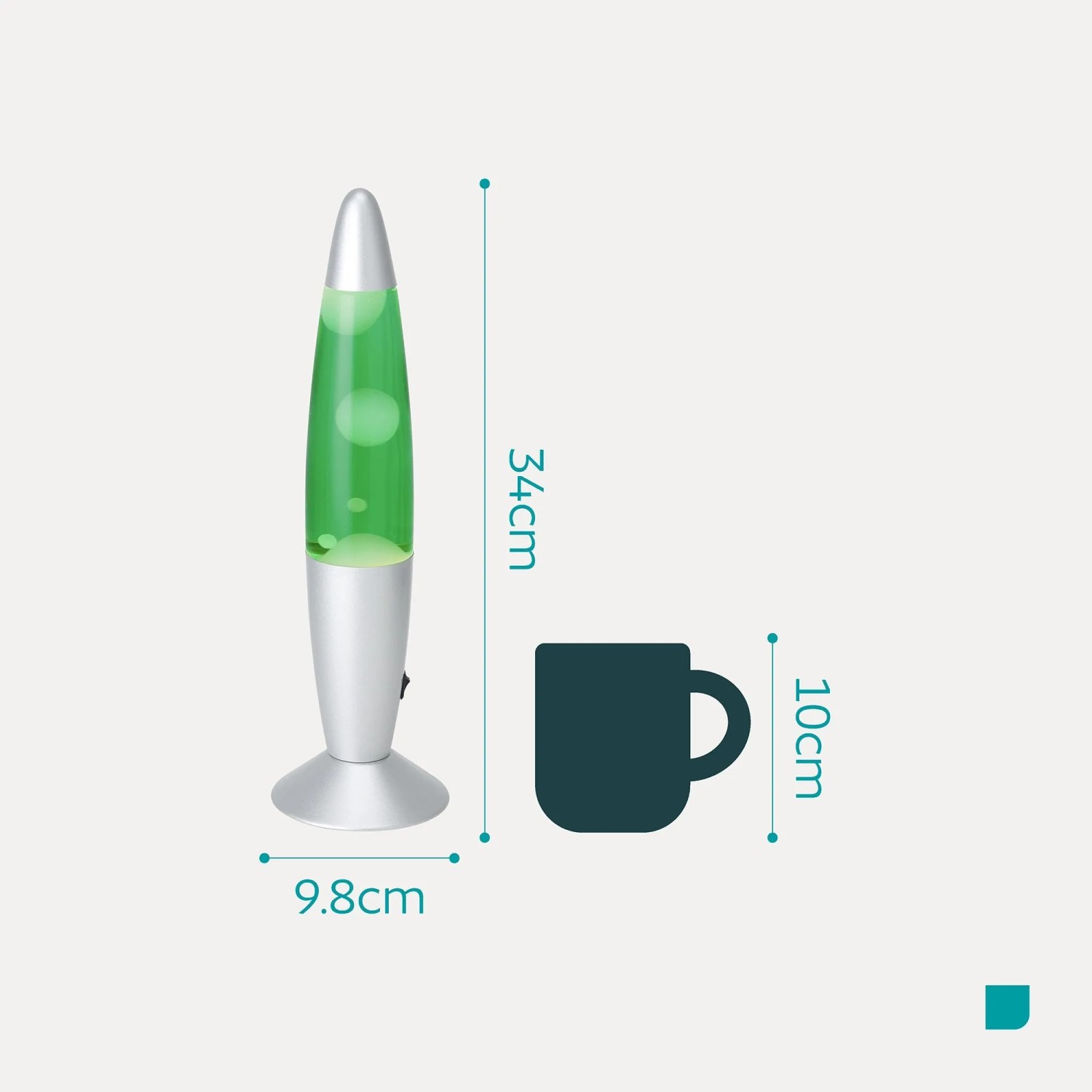 Eglo LED-Lavatischleuchte Silber/Grün/Weiss, 34 cm hoch, 9,8 cm Ø. Grüne Flüssigkeit, weißes Wachs. Tasse als Größenvergleich.