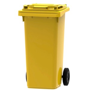 Gelbe PROREGAL Mülltonne Premium mit 2 Rädern, 120 Liter Volumen.