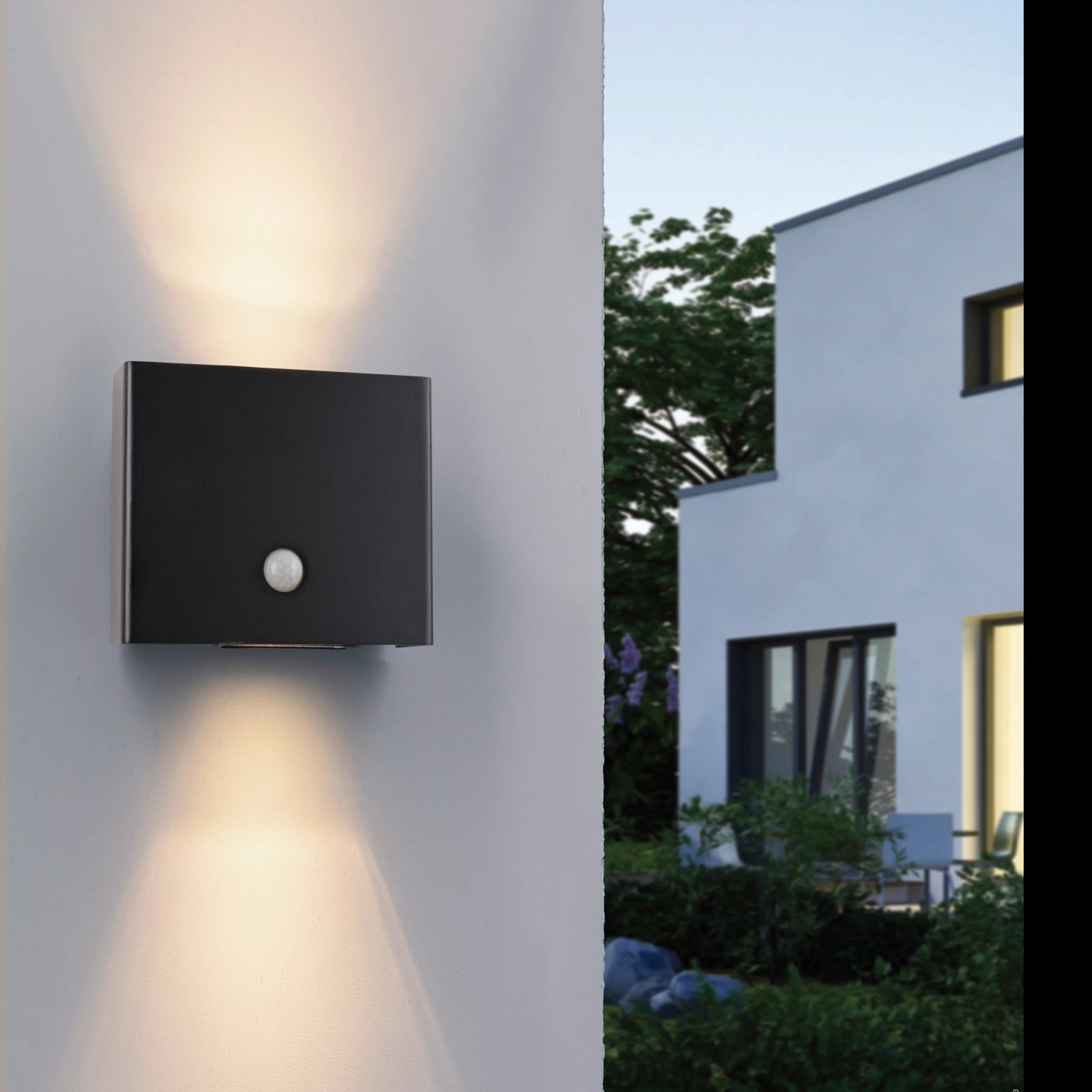 Schwarze LED-Akku-Wandleuchte Amin mit Bewegungsmelder, warmweißes Licht für Innen & Außen.