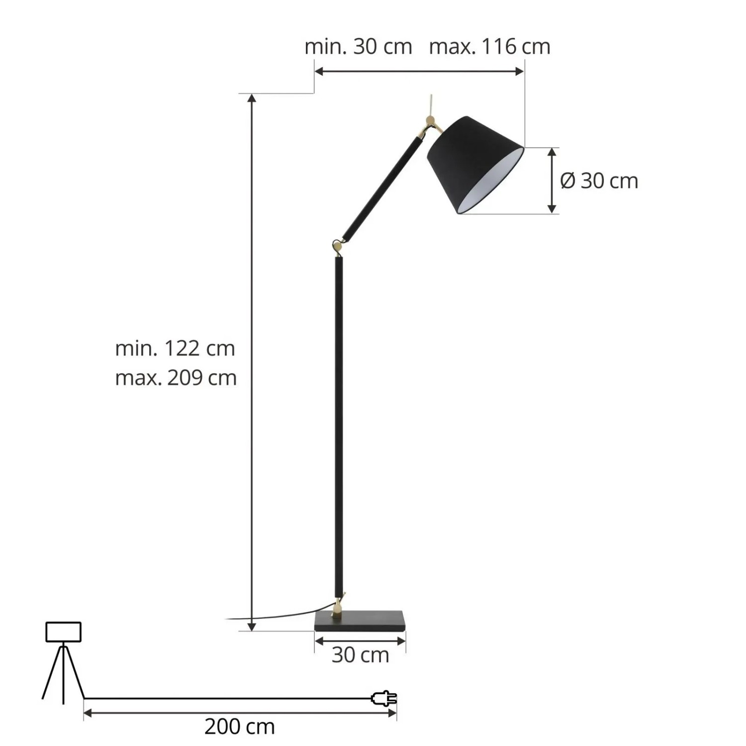 Schwarze Lucande Stehlampe Marvaine aus Metall mit Textilschirm, Maße siehe Zeichnung.