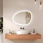 Asymmetrischer Emke LED Badspiegel 65x45 cm mit Anti-Beschlag und dimmbaren Lichtfarben.