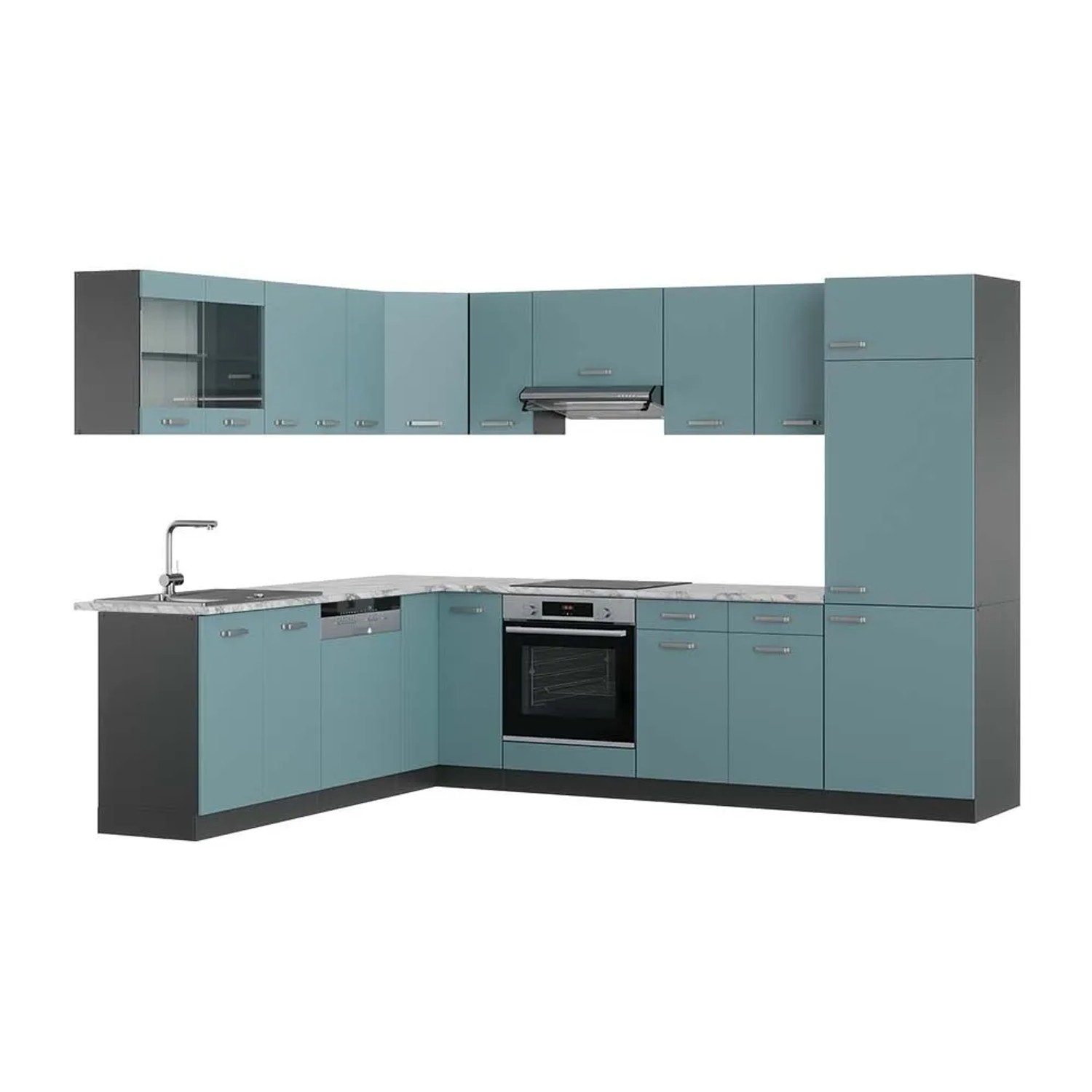 Vicco Eckküche R-Line Blau-Grau/Anthrazit 287 x 82, AP Marmor