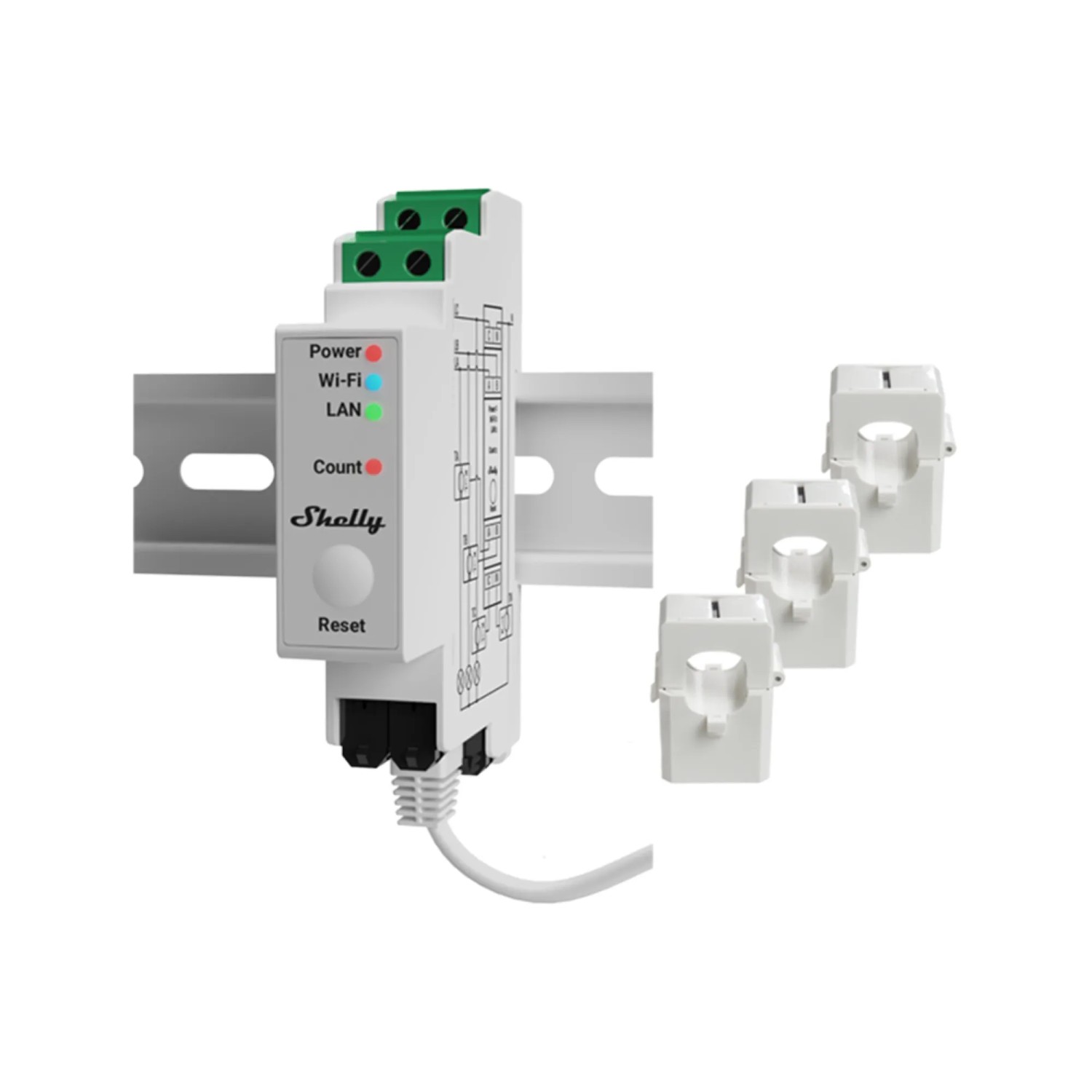 Shelly Stromverbrauchsmessgerät 120 A Pro 3EM Weiß mit drei Stromwandlern und LAN-Kabel.