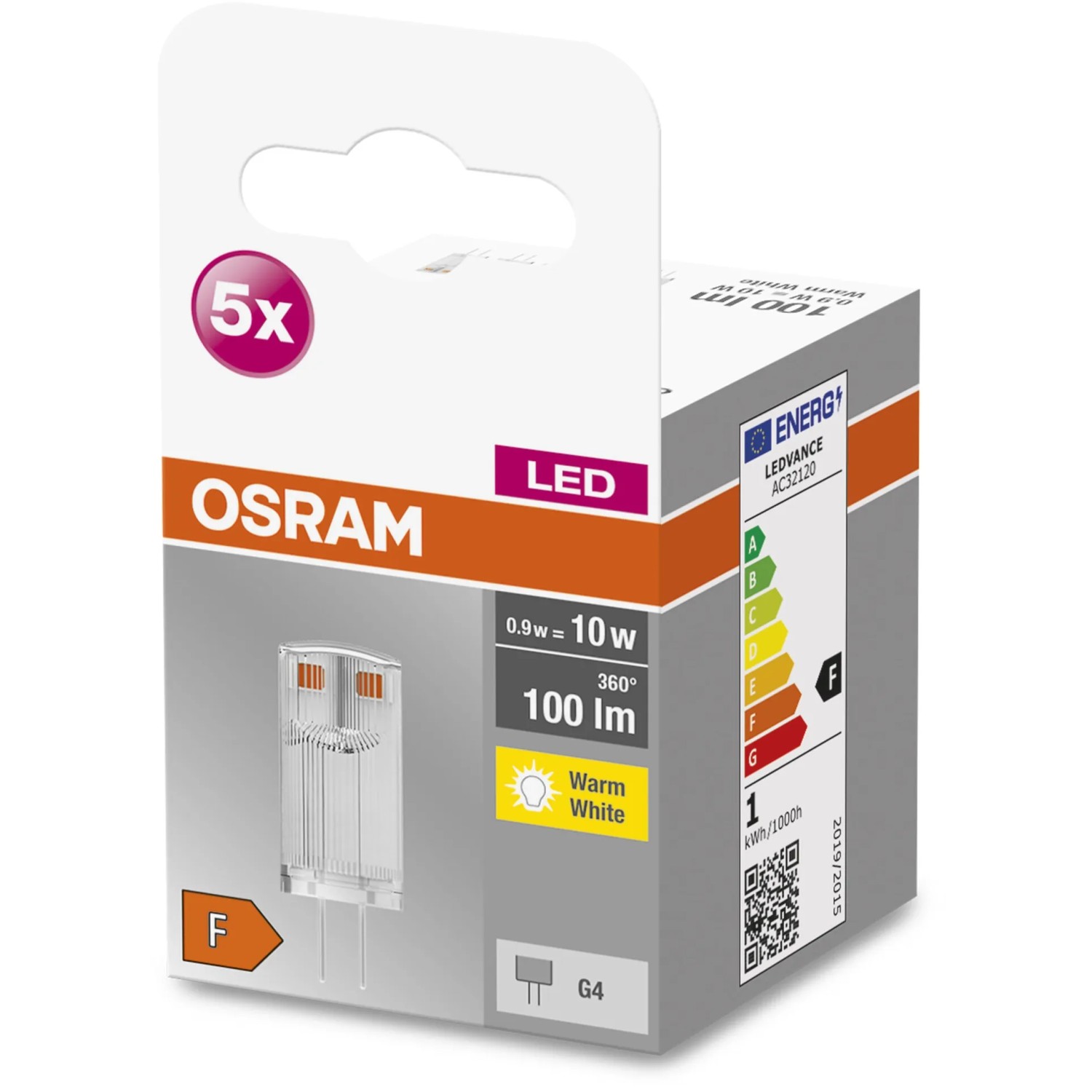 Osram LED G4 Leuchtmittel, 5er Set, 0,9W, warmweiß, 100lm. Kompakte LED Lampe für G4 Fassung.