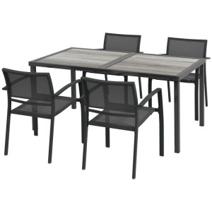 Graue Outsunny Sitzgruppe: rechteckiger Gartentisch mit Holzoptik-Platte, vier Stühle mit Mesh-Gewebe, Stahlrahmen.