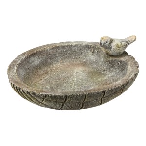 Graue Vogeltränke aus Terrakotta mit Vogel-Figur für den Garten.