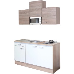 Flex-Well Singleküche Florida 150 cm in Sonoma Eiche/Weiß mit Kochfeld, Spüle und Mikrowelle.