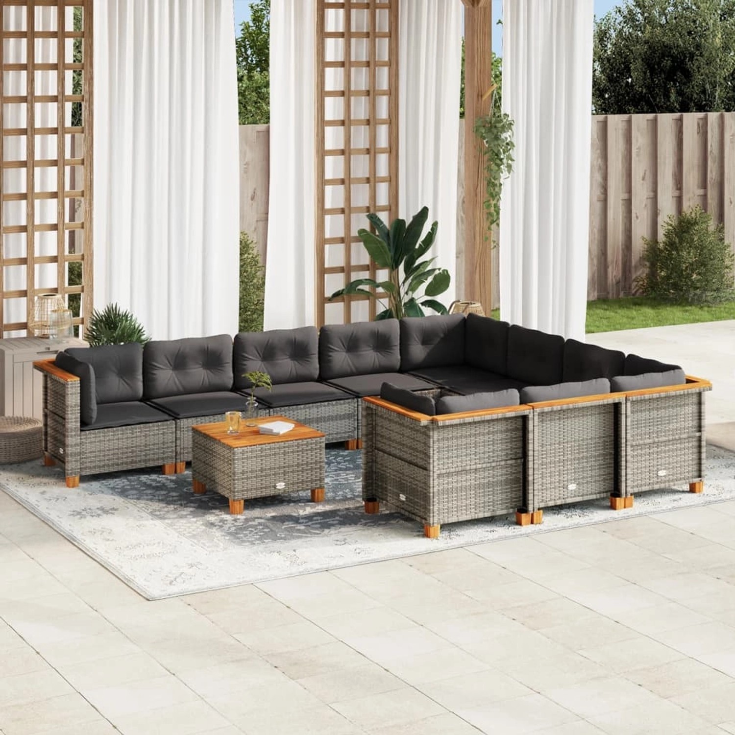 Graue 11-tlg. vidaXL Garten-Sofagarnitur aus Polyrattan mit Tisch und Kissen für Terrasse oder Garten.