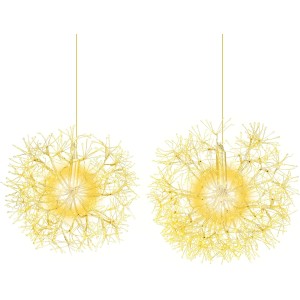 Zwei goldene LED-Leuchtkugeln in Löwenzahn-Optik, beleuchtet, als festliche Weihnachtsdekoration zum Hinhängen.