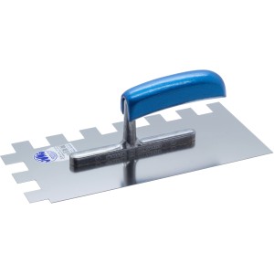 Rostfreie Glättekelle, 20x20 mm, gezahnt, mit blauem Holzgriff für Fliesenleger- & Verlegearbeiten.