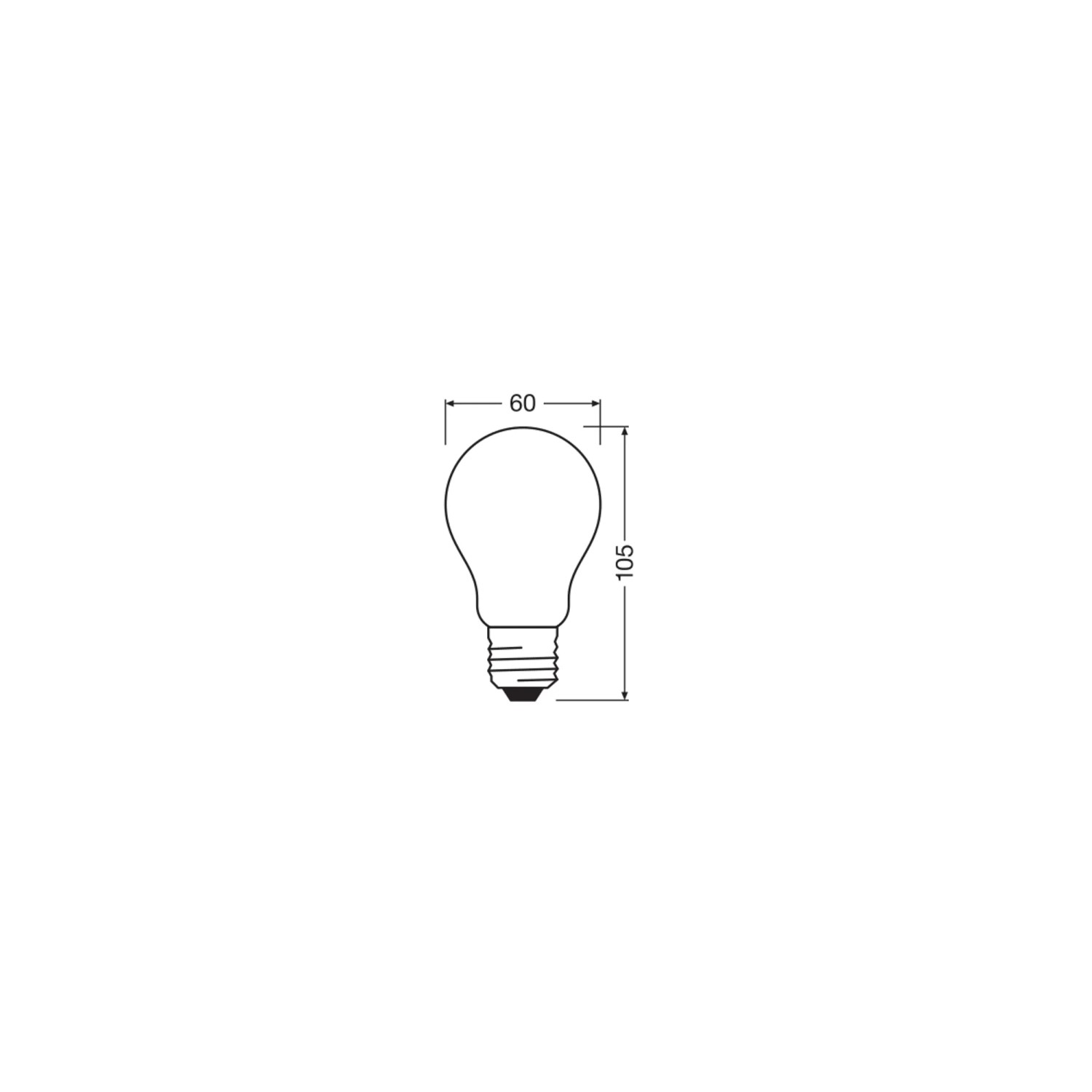Skizze: Osram LED-Lampe E27, A100, matt, 7.2W, 2700K, Maße: 10,5cm x Ø 6cm.