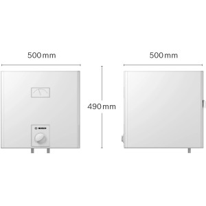Abbildung eines weißen Bosch Wandspeichers Tronic Plus Store 30 l mit Maßangaben.
