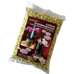 Gelbes Colomi Orchideengranulat, 1 Liter, im transparenten Beutel. Fördert Wachstum und hemmt Schimmel.