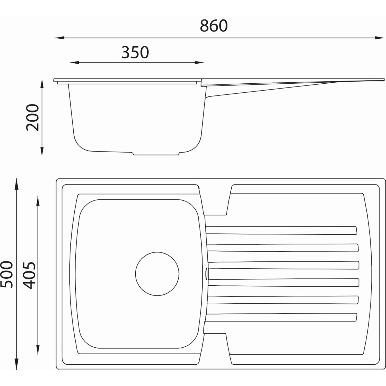 Skizze der Respekta Einbauspüle Boston, 86x50 cm, Betongrau, mit Maßangaben.