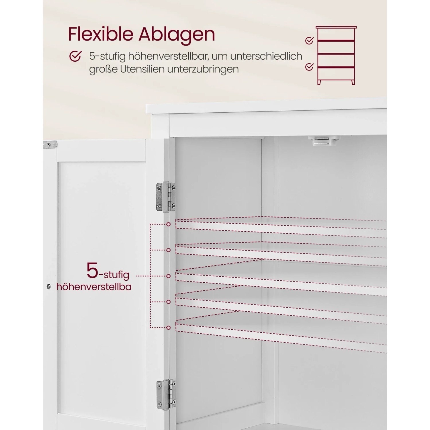 Innenansicht: Weißer Vasagle Badezimmerschrank mit 5-fach verstellbaren Einlegeböden.