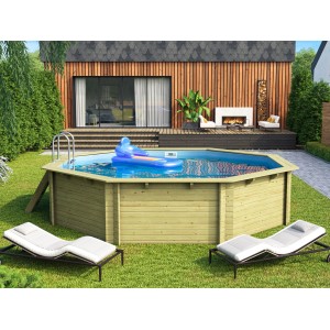 Karibu Holzpool Set mit Filteranlage und Skimmer im Garten.