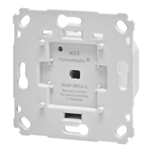 Homematic IP Wandtaster 2-fach, Rückseite mit weißer Montageplatte, eQ-3 Logo und Modellbezeichnung HmIP-BRC2-2. Für Hausautomation.