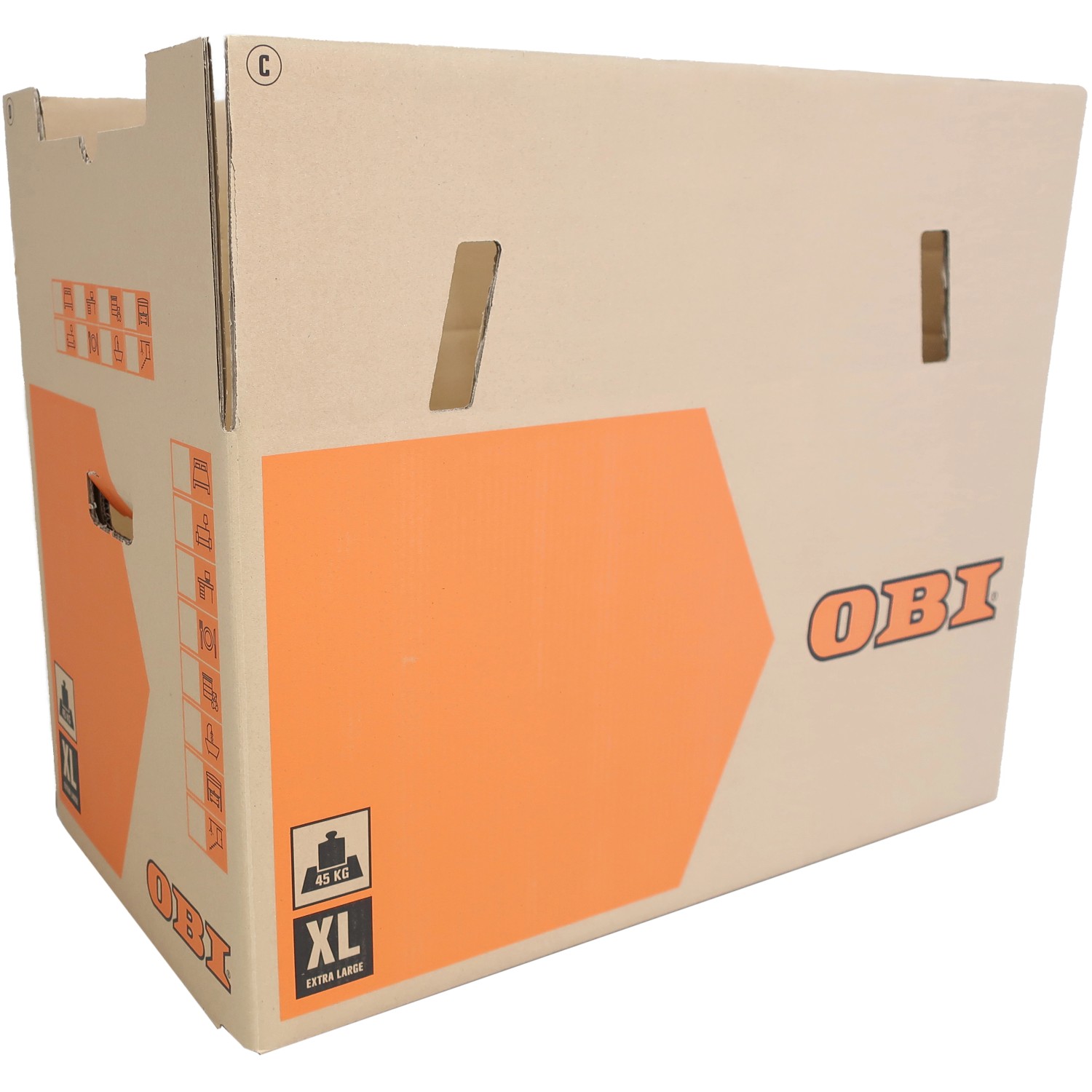OBI Umzugskarton XL, 126 l, 45 kg, mit Tragegriffen und Beschriftungsfeldern.