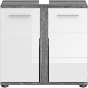 Waschbeckenunterschrank Blake, 60 cm, Weiß Hochglanz mit zwei Türen und grauen Akzenten.
