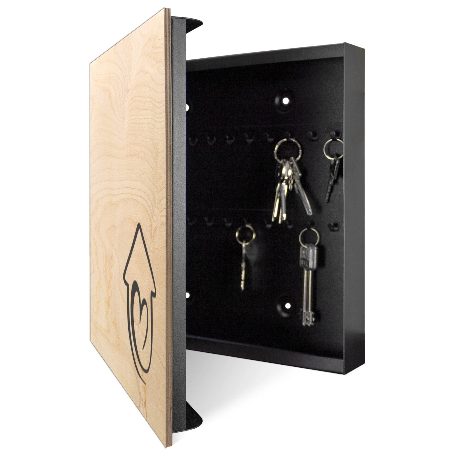 Offener, schwarzer Banjado Schlüsselkasten aus Holz (30x30cm) mit Herzhaus-Motiv und 50 Haken zur Schlüsselaufbewahrung.