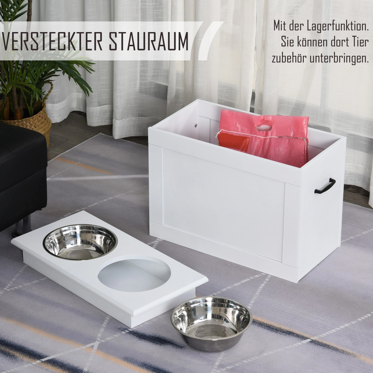 PawHut Fressnapf mit 2 Näpfen und Stauraum für Futter, erhöhtes Design.