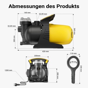 Wiltec Gartenpumpe 1200W: Maße der schwarzen-gelben Kunststoff-Wasserpumpe und des Zubehörschlüssels. Ideal für Garten & Teich.