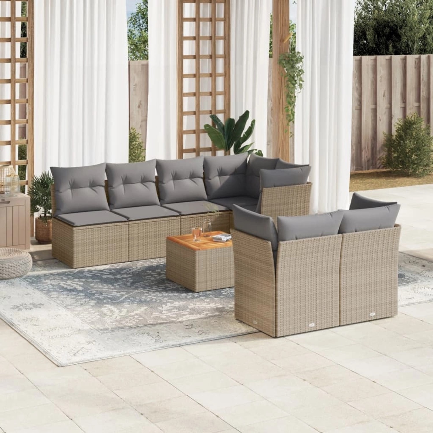 Beige 8-tlg. Garten-Sofagarnitur aus Polyrattan mit grauen Kissen und Tisch. Gartenmöbel für Terrasse und Garten.