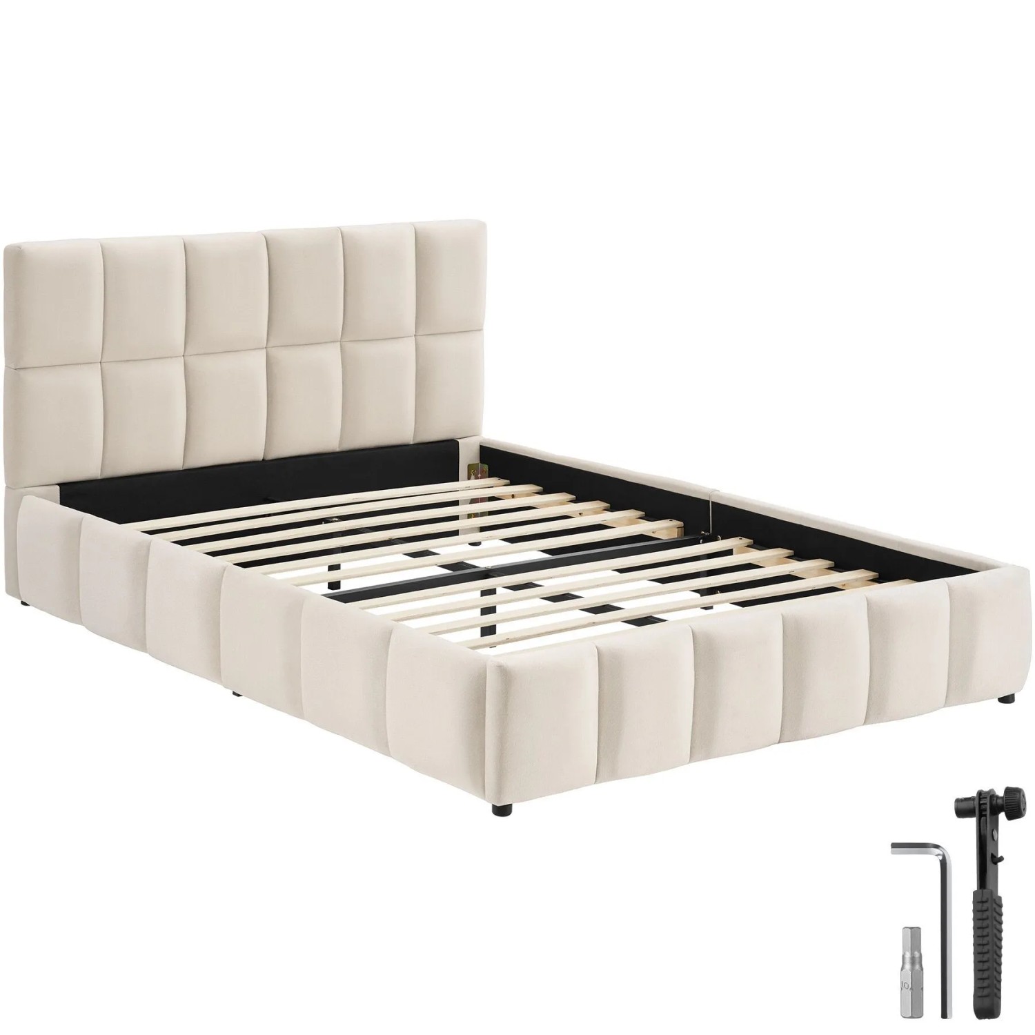 Tectake Polsterbett Shirley Samtbezug Mit Steppmuster Integrierter Lattenrost 140 x 200 cm 220 x 153 x 93 cm Samtoptik Sand