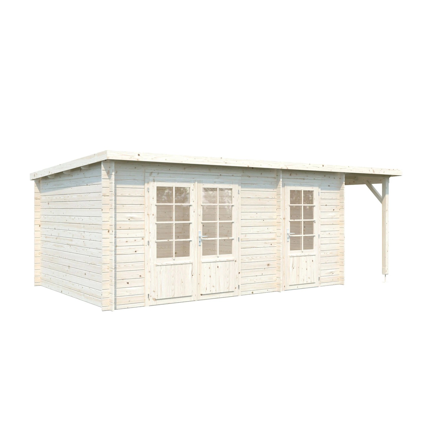 Palmako Ella Holz-Gartenhaus mit Pultdach und Anbaudach, tauchgrundiert, 610x300 cm.