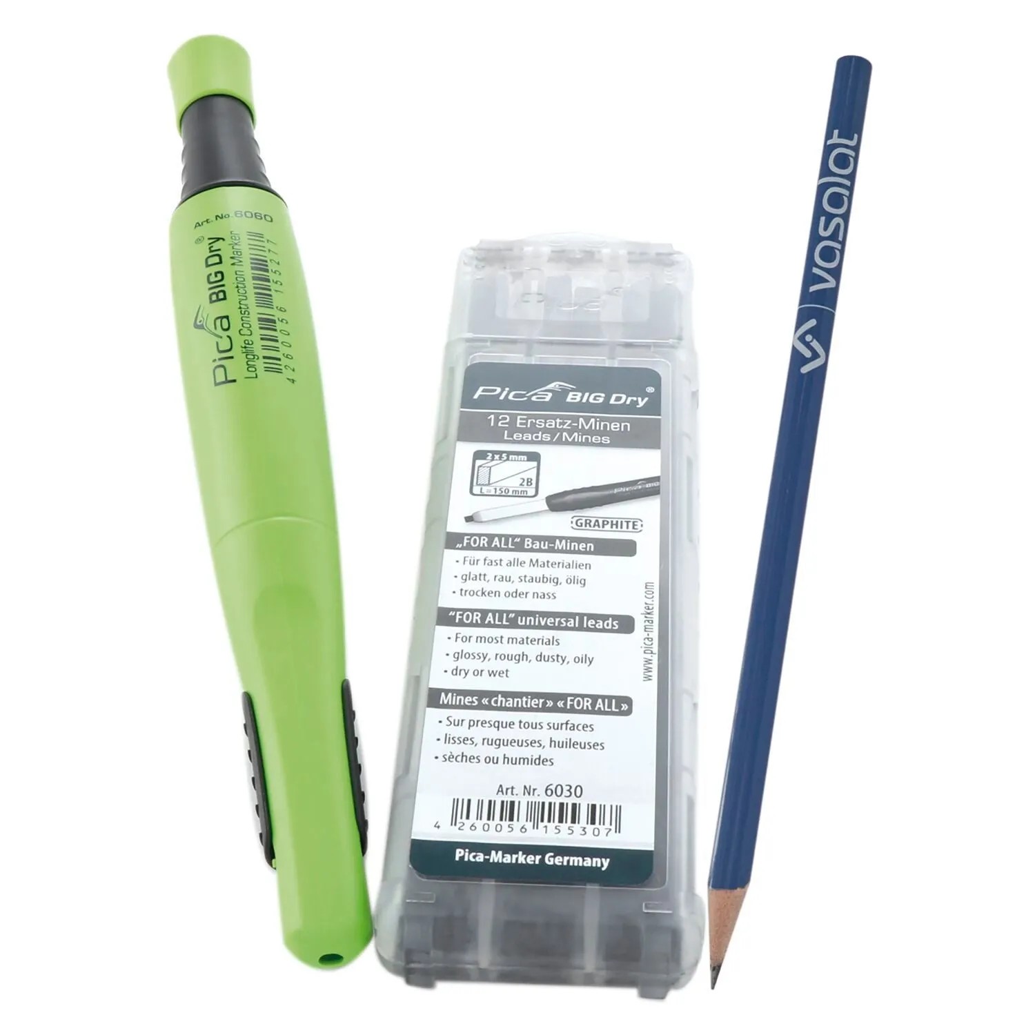 vasalat Set Pica Big Dry Zimmermannsbleistift-Set mit 12 Ersatzminen Graphit 2B
