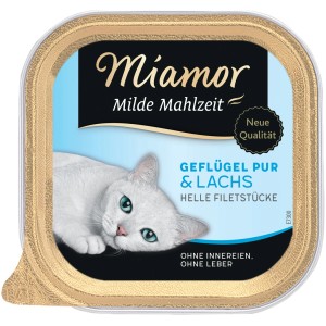 Miamor Milde Mahlzeit Geflügel & Lachs, 100g Katzen-Nassfutter ohne Innereien und Leber.