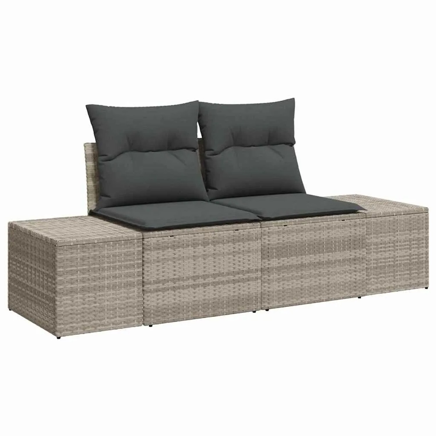 Hellgraues 7-teiliges Garten-Sofa-Set aus Poly Rattan mit grauen Kissen.